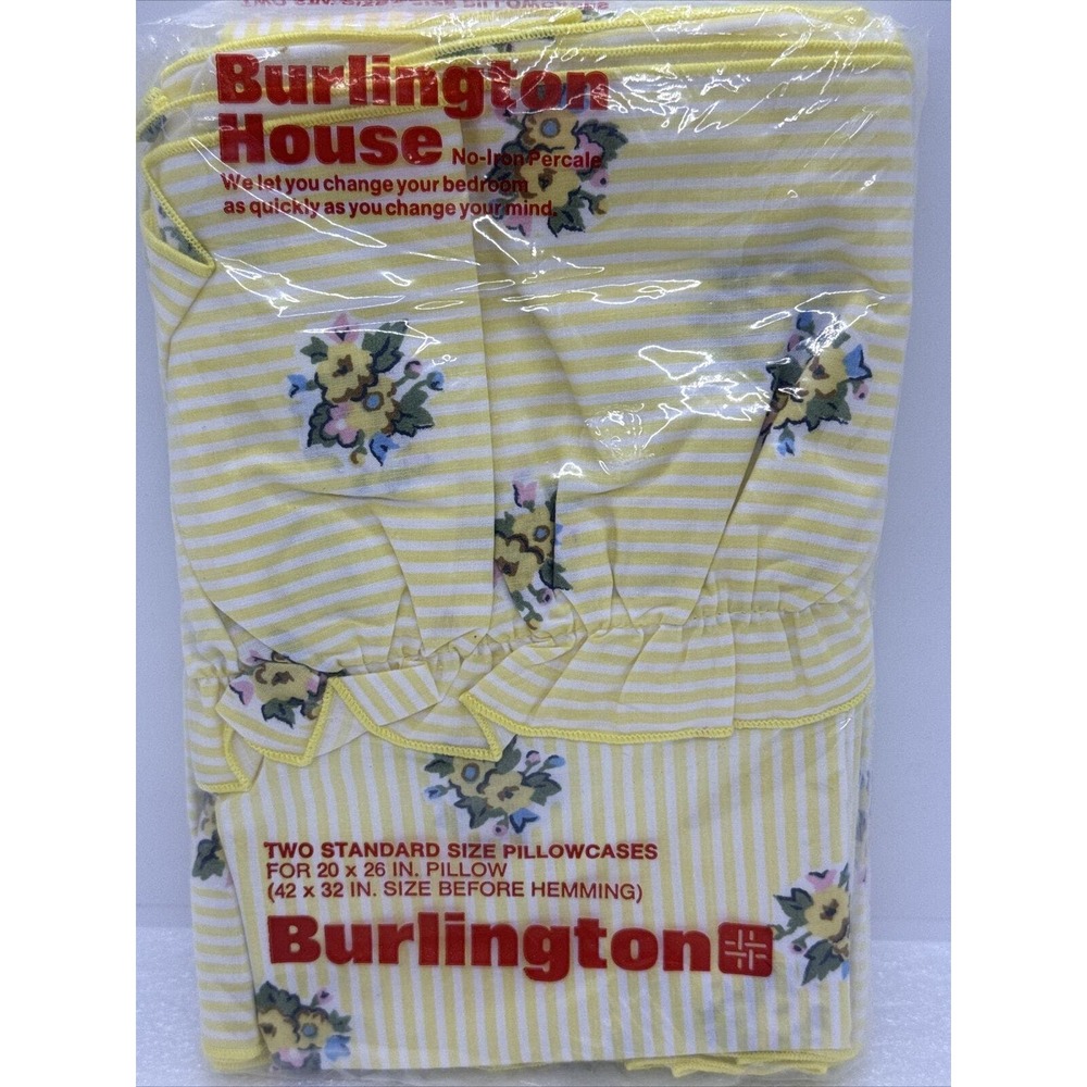 VTG NOS BURLINGTON HOUSE 2 Standard Pillowcases Yellow Stripes Flowers Ruffled